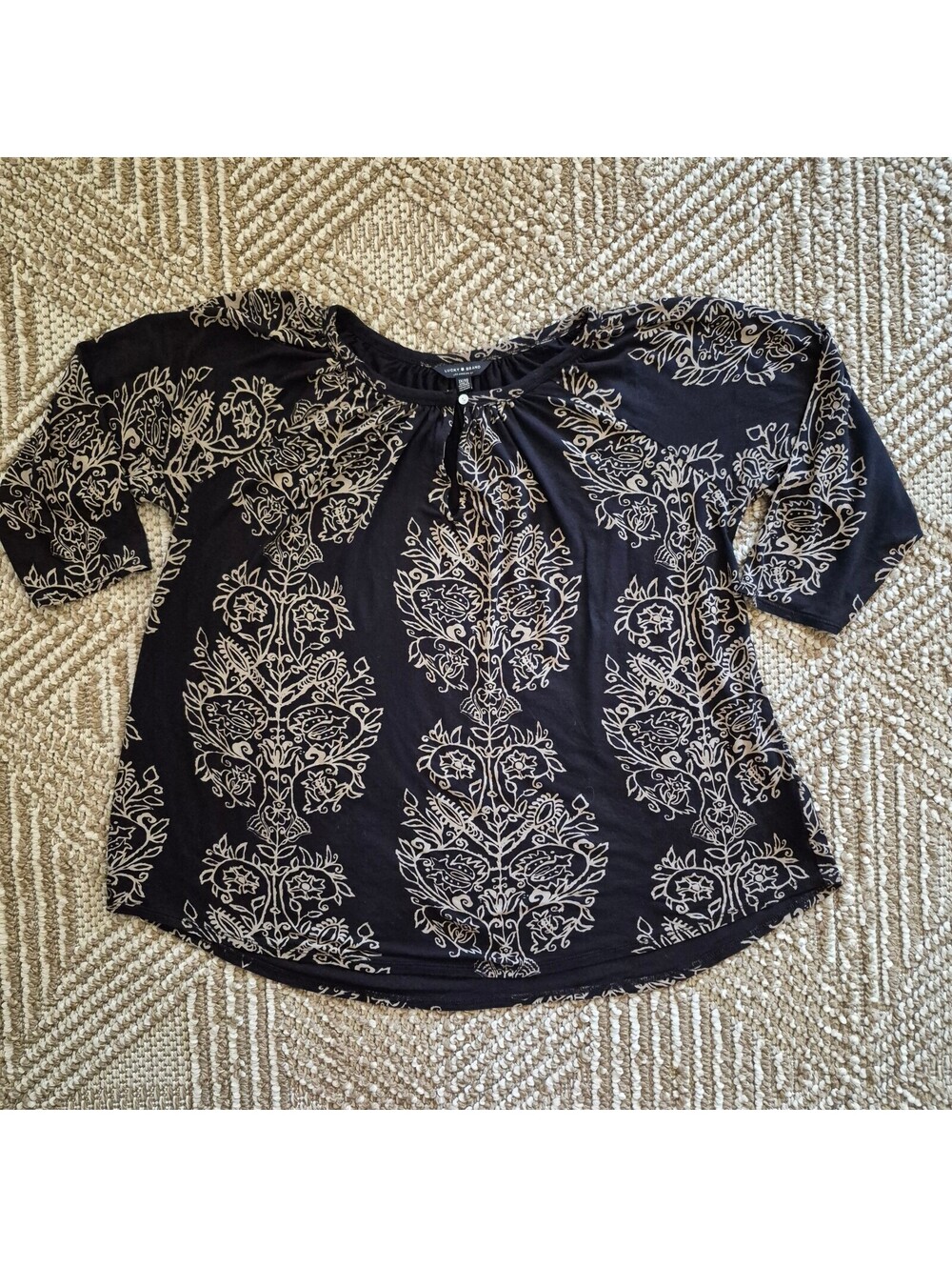 Lucky Brand Plus 1X Black Beige Floral Damask Peasant Blouse Keyhole Top Boho 1x